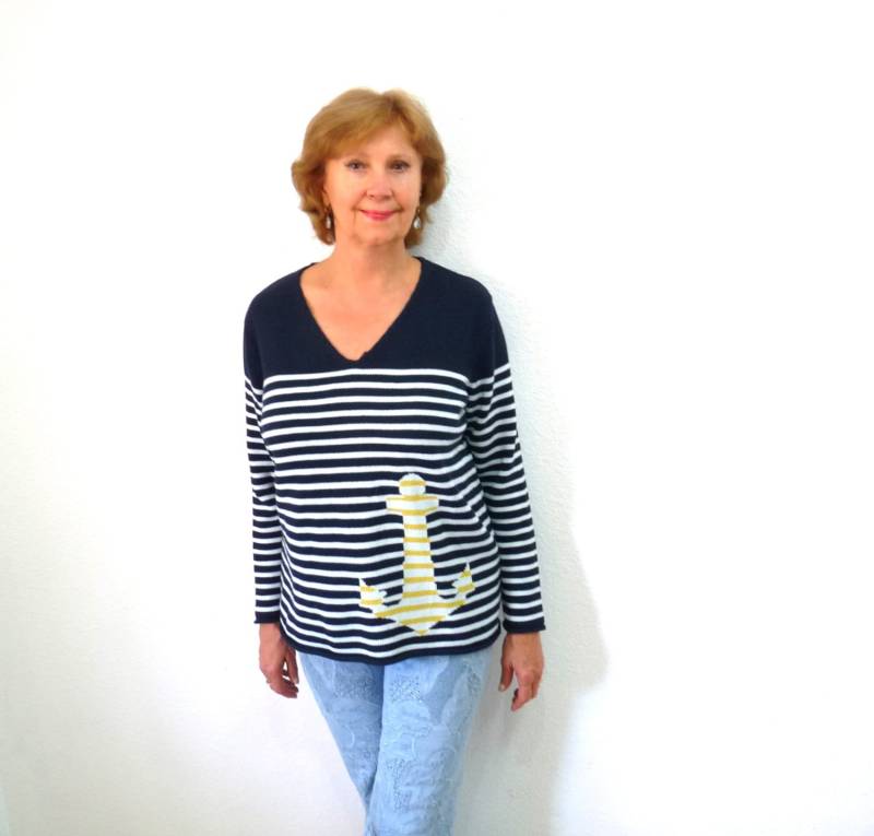 Vintage Strickpullover Navy Blau Gestreift Pullover Baumwolle Anker Frauen Größe M/L von KMalinkaVintage