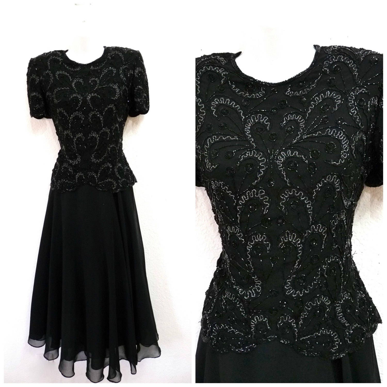 Zauberhaftes 1980Er Kleid Schwarz Perlen, Soutaché Tellerrock Adrianna Papell Abend-Partykleid S/M von KMalinkaVintage