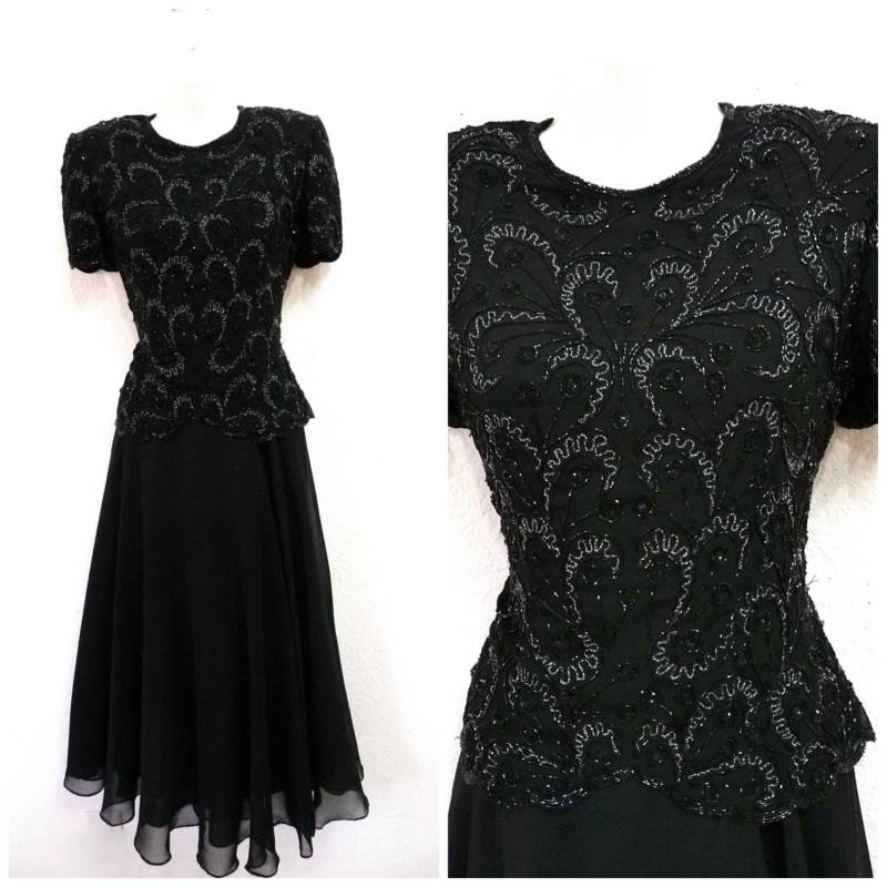 Zauberhaftes 1980Er Kleid Schwarz Perlen, Soutaché Tellerrock Adrianna Papell Abend-Partykleid S/M von KMalinkaVintage