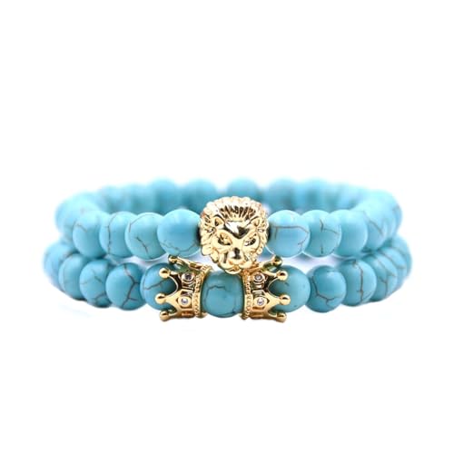 2 Stück/Set Naturstein-Stretch-Perlenarmband Unisex, 8mm Blau-Türkis, Verstellbares Perlenarmband mit Kronen-Löwen-Charm, Geschenke für Partner und Freunde, 8mm 2 Stück/Set Naturstein-Stretch-Perlenarmband Unisex, 8mm Blau-Türkis, Verstellbares Perlenarmband mit Kronen-Löwen-Charm, Geschenke für Partner und Freunde, 8mm von KNDSSMY
