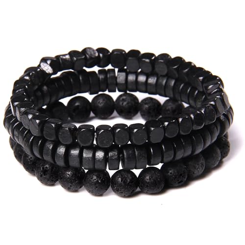 3 Teiliges Modisches Armband aus Natursteinperlen für Herren, Mehrschichtiges Schwarzes Lava Onyx Armband, Verstellbar, Dehnbar, Modisches Party, Geschenk für Männer und Jungen, Schwarz 3 Teiliges Modisches Armband aus Natursteinperlen für Herren, Mehrschichtiges Schwarzes Lava Onyx Armband, Verstellbar, Dehnbar, Modisches Party, Geschenk für Männer und Jungen, Schwarz von KNDSSMY