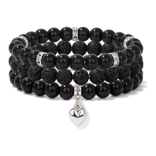 3-Teiliges Stretch-Armband aus Naturstein, Unisex, 8mm, Schwarzer Obsidian und Lavastein, Handgefertigtes Perlenarmband mit Herzanhänger, Verstellbarer Paararmreif, 8mm 3-Teiliges Stretch-Armband aus Naturstein, Unisex, 8mm, Schwarzer Obsidian und Lavastein, Handgefertigtes Perlenarmband mit Herzanhänger, Verstellbarer Paararmreif, 8mm von KNDSSMY