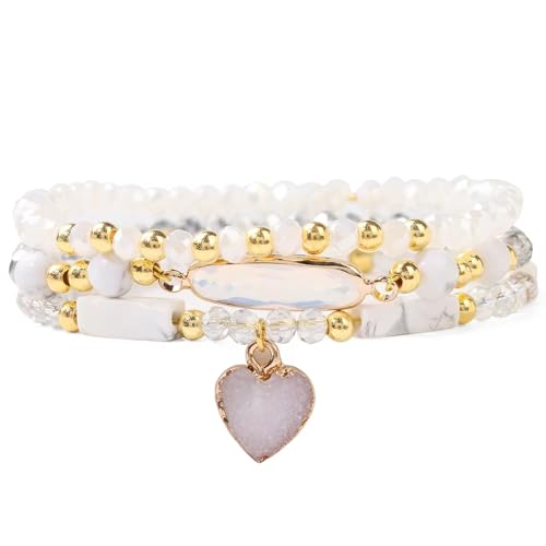 3 Teiliges Stretch Perlenarmband aus Naturstein, Unisex, Paararmband aus Weißem Howlith Kristall mit Herzanhänger, Handgefertigter Yoga Armreif, Stilvoll und Schlicht, Weiß von KNDSSMY