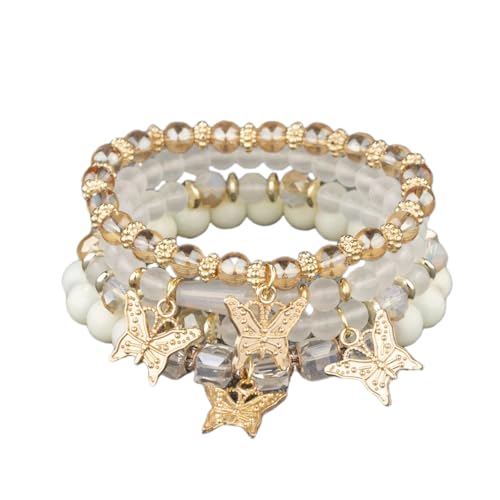4 Teiliges Armband aus Natursteinperlen mit Schmetterlingsanhänger, Klarem Weißem Opal und Kristall, Verstellbares Stretch Armband, Handgefertigt, Modischer Party Armreif, Weiß von KNDSSMY