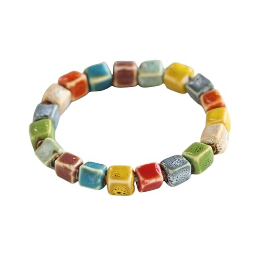 Boho Handgefertigtes Keramikperlenarmband Unisex, Verstellbares Buntes Quadratisches Keramikperlen Stretcharmband Sommermode Paar Armreif für Frauen Männer 8mm von KNDSSMY