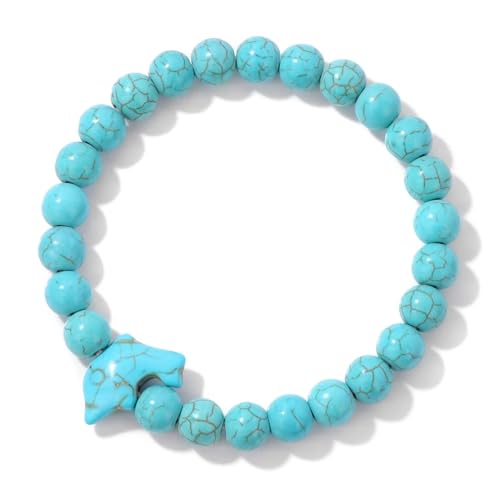 Boho Naturstein Stretch Perlenarmband Unisex, Verstellbares 8mm Blau Türkis Armband mit Süßem Delfin Charm Sommer Meer Strand Party Armreif 8mm von KNDSSMY