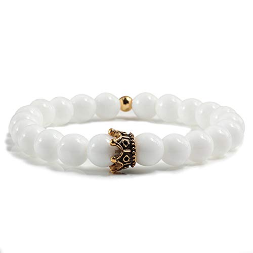 Handgefertigte Stretch Perlenarmbänder Aus Naturstein für Damen, Herren und Teenager, 8mm Armband Aus Weißen Porzellanperlen mit Kronenanhänger, Stilvoller und Charmanter Paararmreif, Gold 8mm Handgefertigte Stretch Perlenarmbänder Aus Naturstein für Damen, Herren und Teenager, 8mm Armband Aus Weißen Porzellanperlen mit Kronenanhänger, Stilvoller und Charmanter Paararmreif, Gold 8mm von KNDSSMY