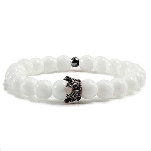 Handgefertigte Stretch Perlenarmbänder Aus Naturstein für Damen, Herren und Teenager, 8mm Armband Aus Weißen Porzellanperlen mit Kronenanhänger, Stilvoller und Charmanter Paararmreif, Schwarz, 8mm Handgefertigte Stretch Perlenarmbänder Aus Naturstein für Damen, Herren und Teenager, 8mm Armband Aus Weißen Porzellanperlen mit Kronenanhänger, Stilvoller und Charmanter Paararmreif, Schwarz, 8mm von KNDSSMY