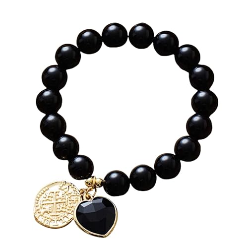 Handgefertigtes Naturstein-Kristallperlenarmband Unisex, Verstellbares 8mm Schwarzes Onyx Stretch Armband mit Vergoldetem Charm, Fashion Party Armreif 8mm von KNDSSMY