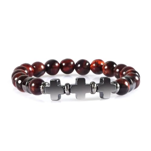 Handgefertigtes Perlenarmband aus Naturstein mit Kreuzanhänger, Rotes Tigerauge, Verstellbares Stretch Armband für Männer und Jungen, 8mm Perlen, Stilvoll und Charmant, 8mm von KNDSSMY