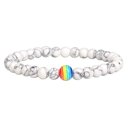 Handgefertigtes Stretch-Perlenarmband aus Naturstein, Unisex, Verstellbar, 6mm, Weiß-Türkisfarbenes Perlenarmband mit Einzelner Regenbogenkugel, Stilvoll und Charmant, 6mm Handgefertigtes Stretch-Perlenarmband aus Naturstein, Unisex, Verstellbar, 6mm, Weiß-Türkisfarbenes Perlenarmband mit Einzelner Regenbogenkugel, Stilvoll und Charmant, 6mm von KNDSSMY