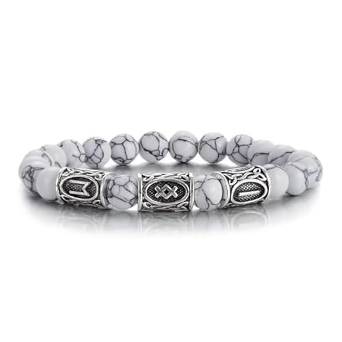 Handgemachtes Armband aus Naturstein, Unisex, 8mm, Weiß-Türkis, Verstellbares Stretch-Armband mit Runen-Anhänger, Modischer Retro-Yoga-Armreif, 8mm von KNDSSMY