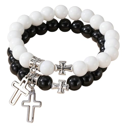 KNDSSMY 2 Stück/Set Naturstein Handgefertigtes Perlenarmband Unisex, 8mm Weißes Porzellan & Schwarzer Obsidian Stretch-Armband mit Kreuz-Anhänger, Mode-Paar-Armreif 8mm KNDSSMY 2 Stück/Set Naturstein Handgefertigtes Perlenarmband Unisex, 8mm Weißes Porzellan & Schwarzer Obsidian Stretch-Armband mit Kreuz-Anhänger, Mode-Paar-Armreif 8mm von KNDSSMY