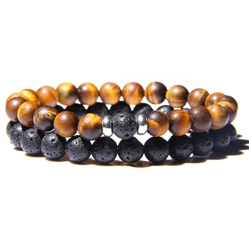 2 Stück/Set Naturstein-Perlenarmband Unisex, Tigerauge, Lavastein, Stretch-Armband, 8mm Perlen, Verstellbar, Paar-Armreif, Geschenke Für Partner und Freunde, 8mm von KNDSSMY