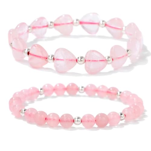 KNDSSMY 2 Stück Damen Naturstein Stretch Perlen Armband, Herz Rund Rose Pink Quarz Verstellbar Yoga Armband Mode Geburtstag Party Armreif Pink von KNDSSMY