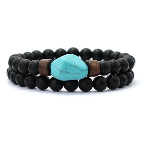 KNDSSMY 2-Teiliges/Set Naturstein-Stretch-Perlenarmband für Herren, Verstellbares 8-mm-Armband aus Mattschwarzem Onyx mit Unregelmäßigem Blau-Türkisfarbenem Anhänger, Stilvoll und Schlicht, 8mm von KNDSSMY