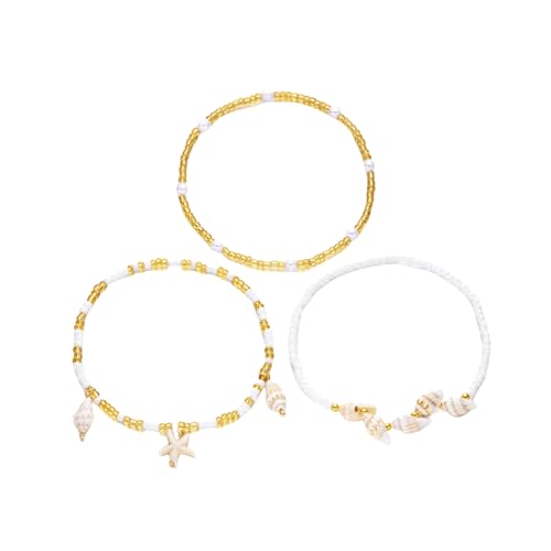 KNDSSMY 3 Teiliges Handgefertigtes Stretch Perlenarmband aus Naturstein, Verstellbares Sommer Strand Boho Armband mit Seestern Muschel Anhänger, 3mm Gelbe und Weiße Reisperlen, Weiß von KNDSSMY