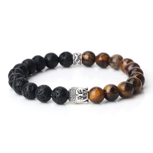 KNDSSMY 8mm Handgefertigte Armreifen aus Naturstein Für Frauen und Männer, Tigerauge-Lavasteinperlen mit Tibetischem Buddhakopf-Charm-Armband, Modisches Paar-Armreif-Geschenk, 8mm von KNDSSMY