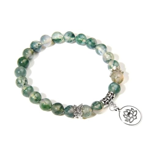 KNDSSMY 8mm Modisches Natursteinarmband Für Damen, Herren und Teenager, Stretcharmband aus Grünem Moosachat mit Lotusanhänger, Handgefertigter Armreif mit Kristallperlen, 8mm von KNDSSMY