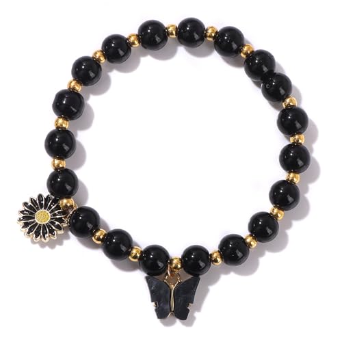 KNDSSMY 8mm Naturstein-Stretcharmband für Damen, Rosenquarz-Onyx-Perlenarmband mit Schmetterlings-Gänseblümchen-Anhänger, Verstellbarer Sommer-Strandarmreif, Schwarz, 8mm von KNDSSMY