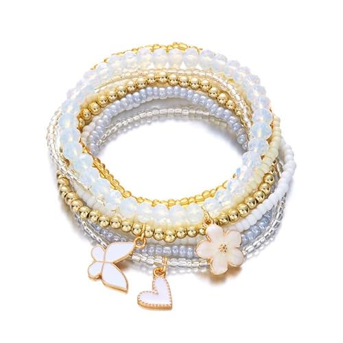 KNDSSMY 9 Teiliges/Set Boho Armband aus Naturstein, Dehnbar, Gestapelt, Weißer Schmetterlings und Blumenanhänger, Handgefertigtes Perlenarmband für Frauen und Mädchen, Stilvoll und Charmant, Weiß von KNDSSMY