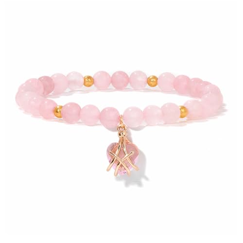 Armband Aus Natursteinperlen für Damen und Mädchen, 6 mm Rosa Rosenquarz Kristall, Handgefertigtes Stretch Armband mit Herzanhänger, Modischer Party Armreif, 6 mm von KNDSSMY