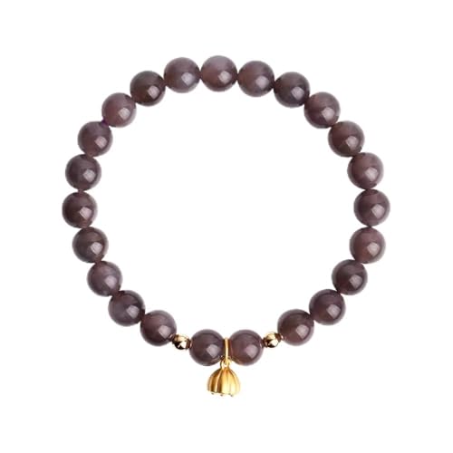 KNDSSMY Damen-Armband aus Naturstein, Dehnbare Perlen, 8mm, Rauchviolette Jade, Verstellbares Perlenarmband mit Goldenem Lotuskapsel-Anhänger, Handgefertigter Modearmreif, 8mm von KNDSSMY
