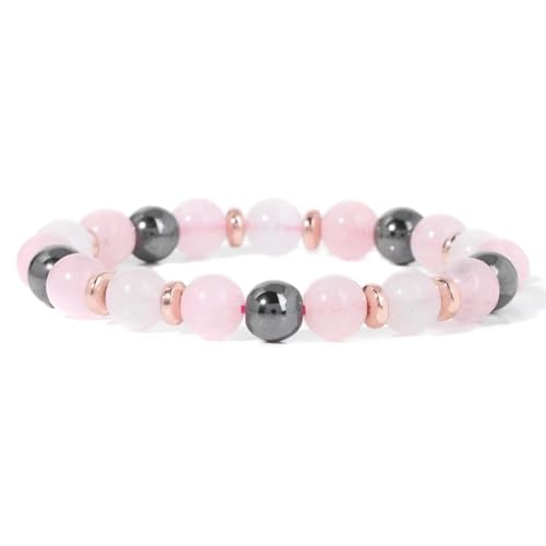 KNDSSMY Damen Naturstein Handgefertigtes Perlenarmband, Verstellbares Stretcharmband 8mm Rosa & Weiß Quarz, Yoga Armreif für Frauen & Mädchen Stylisch und Schlicht 8mm von KNDSSMY