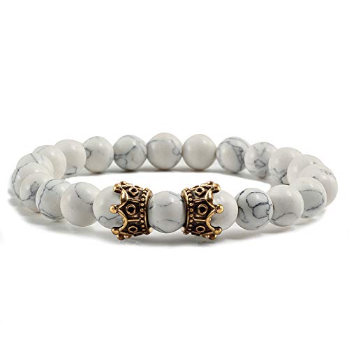 KNDSSMY Handgefertigte Natursteinarmbänder mit Doppelkrähen-Anhänger Unisex, 8mm Verstellbares Weißes Türkis-Stretch-Perlenarmband, Valentinstag, Geburtstag, Weihnachten, Gold 8mm von KNDSSMY