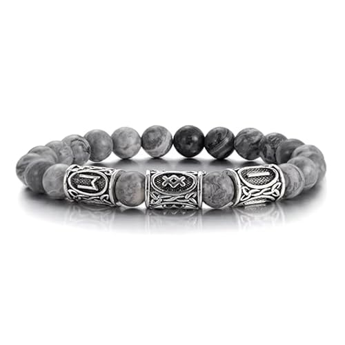KNDSSMY Handgefertigtes Armband aus Naturstein Für Männer, Stretch-Perlenarmband aus Grauem Landkartenstein mit Runen-Anhänger, 8mm Perlen, Vatertag, Stilvoll und Charmant, 8mm von KNDSSMY