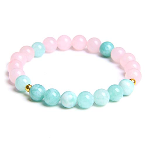 KNDSSMY Handgefertigtes Armband aus Natursteinperlen für Damen, 8mm, Rosa Quarz, Blauer Chalcedon, Verstellbares Stretch-Armband, Modischer Yoga-Armreif, 8mm von KNDSSMY
