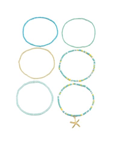 KNDSSMY Handgefertigtes Mehrschichtiges Armband aus Natursteinperlen für Damen, Blaue Reisperlen, Verstellbares Stretch Armband mit Seestern Anhänger, Sommer Strand Boho Armreif, Blau von KNDSSMY