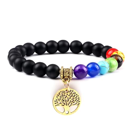 KNDSSMY Handgefertigtes Perlenarmband Aus Naturstein für Damen und Herren, 8 mm Schwarzes, Mattiertes Onyx Stein Stretcharmband mit Lebensbaum Anhänger, Yoga Chakra Armreif, Gold, 8 mm KNDSSMY Handgefertigtes Perlenarmband Aus Naturstein für Damen und Herren, 8 mm Schwarzes, Mattiertes Onyx Stein Stretcharmband mit Lebensbaum Anhänger, Yoga Chakra Armreif, Gold, 8 mm von KNDSSMY