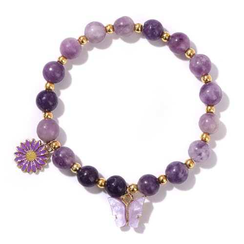 KNDSSMY Handgefertigtes Perlenarmband aus Naturstein für Damen, Verstellbares 8mm Langes Stretch-Armband aus Violettem Glimmer mit Schmetterlings-Gänseblümchen-Anhänger, Stilvoll und Charmant, 8mm KNDSSMY Handgefertigtes Perlenarmband aus Naturstein für Damen, Verstellbares 8mm Langes Stretch-Armband aus Violettem Glimmer mit Schmetterlings-Gänseblümchen-Anhänger, Stilvoll und Charmant, 8mm von KNDSSMY
