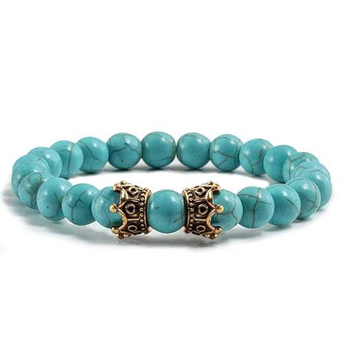 Handgemachte Armbänder aus Natursteinperlen Unisex, 8mm Blau Türkis Stretch Armband mit Doppelkrähen Anhänger, Fashion Couple Armreif Gold 8mm von KNDSSMY