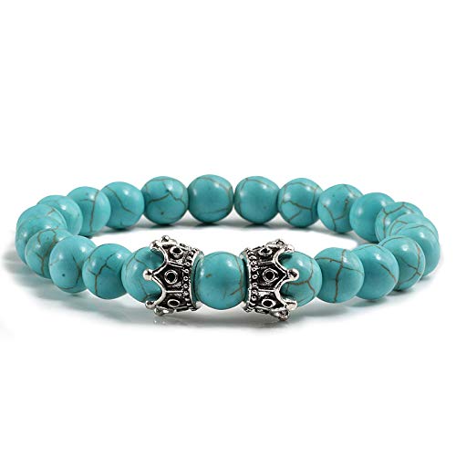 KNDSSMY Handgemachte Armbänder aus Natursteinperlen Unisex, 8mm Blaues Türkis-Stretcharmband mit Doppelkrähen-Anhänger, Modepaar-Armreif Silber 8mm von KNDSSMY
