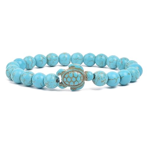 KNDSSMY Handgemachtes Stretch Armband Aus Naturstein, Blaues Türkisfarbenes Perlenarmband mit Meeresschildkröten Anhänger, 8 mm Perlen, für Damen und Herren, Modischer Partyschmuck, 8 mm von KNDSSMY
