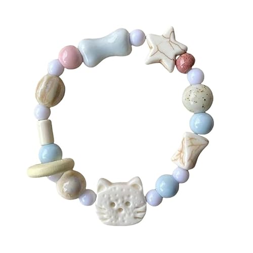 KNDSSMY Modisches Handgefertigtes Stretch Perlenarmband aus Keramik, Verstellbare Blaue Perlen mit Süßem Stern Katzen Charm Armband für Frauen und Mädchen, Sommer Strand Armreif, Weiß von KNDSSMY