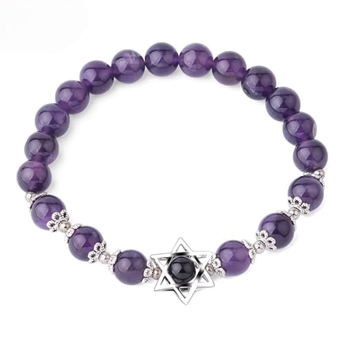 KNDSSMY Modisches Perlenarmband aus Naturstein für Damen, 8mm, Violetter Amethyst, Verstellbares Stretch-Armband mit Hexagramm-Anhänger, Geeignet für Partys und Hochzeiten, 8mm von KNDSSMY