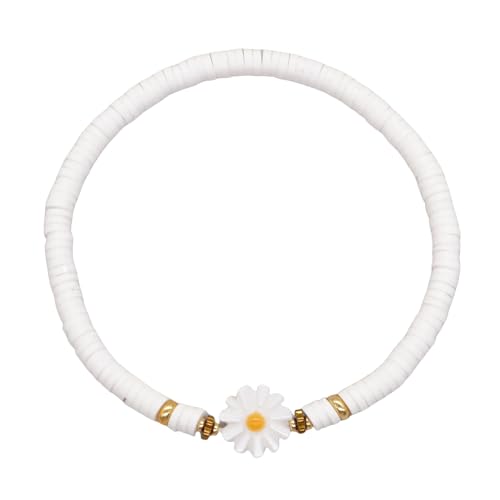 KNDSSMY Modisches Stretch Perlenarmband aus Naturstein, Verstellbares Handgefertigtes Perlenarmband mit Gänseblümchen Anhänger, 4mm, Weiße Perlen, Sommer Strand Armreif, 4mm von KNDSSMY