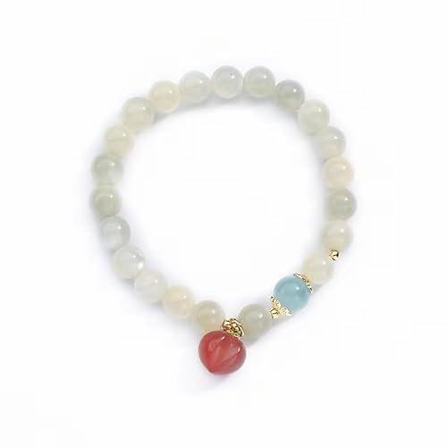 KNDSSMY Modisches Stretch-Perlenarmband aus Naturstein, Verstellbares Perlenarmband aus Weißen Mondsteinen mit Pfirsichachat-Anhänger für Frauen, Weihnachten, Geburtstag, 6mm von KNDSSMY