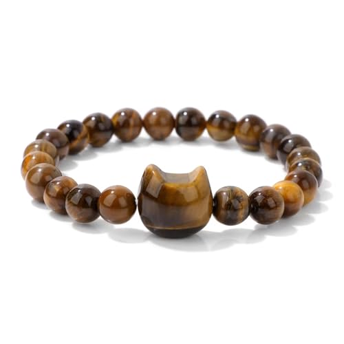 KNDSSMY Naturstein Tigerauge Stretch Armband Unisex, Handgefertigtes Geschnitztes Armband mit Katzenkopf Charm 8mm Perlen, Paar Armreifen Stilvoll und Charmant 8mm KNDSSMY Naturstein Tigerauge Stretch Armband Unisex, Handgefertigtes Geschnitztes Armband mit Katzenkopf Charm 8mm Perlen, Paar Armreifen Stilvoll und Charmant 8mm von KNDSSMY