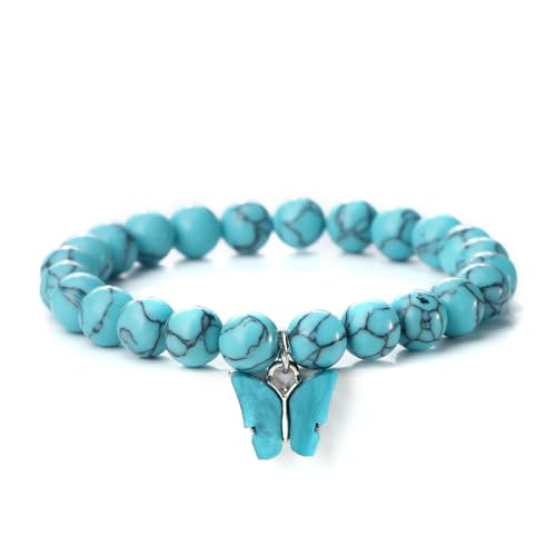 KNDSSMY Natursteinperlenarmbänder mit Schmetterlingsanhänger Für Frauen, 8mm, Blau, Rot, Türkis, Handgefertigte Stretch-Armbänder, Geschenk Für Frauen und Mädchen, Valentinstag, Geburtstag, Blau, 8mm von KNDSSMY