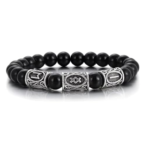 KNDSSMY Nordisches Wikinger-Runen-Natursteinarmband Für Männer, 8mm Schwarzes Obsidian-Stretch-Perlenarmband, Modischer Handgefertigter Armreif Zum Vatertag und Geburtstag, 8mm von KNDSSMY