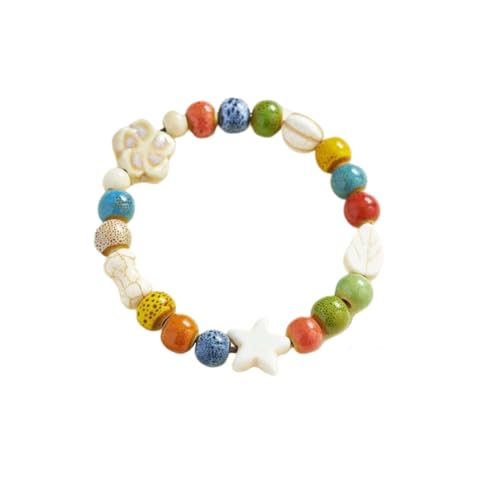 KNDSSMY Retro Ethno Keramik Stretch Perlen Armband für Damen, Verstellbar Sterne Blatt Blume Bunte Keramik Perlen Yoga Armband Boho Sommer Strand Armreif Weiß von KNDSSMY