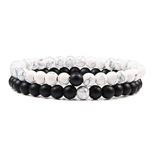 Set Naturstein Handgefertigtes Perlenarmband Unisex, 6/8mm Weiß Türkis & Schwarzer Vulkanstein Elastisches Armband, Paar Armreif Valentinstag, Geburtstag 8mm von KNDSSMY