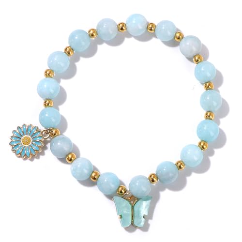KNDSSMY Stretch-Perlenarmband aus Naturstein für Damen, Verstellbares Amazonit-Modearmband mit Schmetterlings-Gänseblümchen-Anhänger, 8mm, Blaue Perlen, Geschenke, Freundschaft, 8mm KNDSSMY Stretch-Perlenarmband aus Naturstein für Damen, Verstellbares Amazonit-Modearmband mit Schmetterlings-Gänseblümchen-Anhänger, 8mm, Blaue Perlen, Geschenke, Freundschaft, 8mm von KNDSSMY