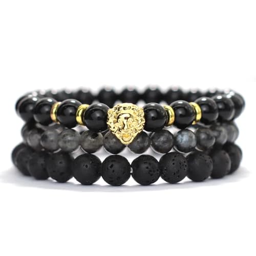 Modisches 3-Teiliges Set, Handgefertigtes Perlenarmband aus Naturstein, Unisex, Stretch-Armband aus Schwarzem Obsidian mit Löwenkopf-Anhänger, 8mm Perlen, Stilvoll und Charmant, Gold, 8mm von KNDSSMY