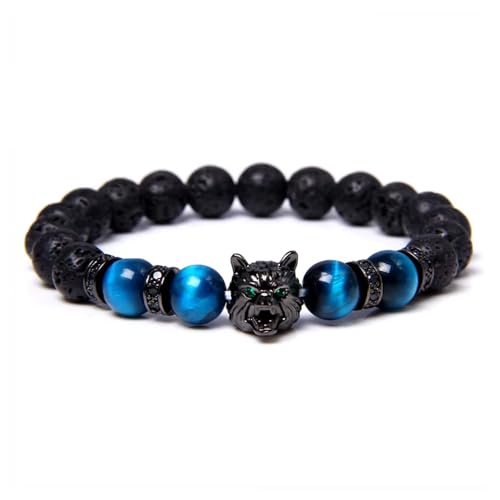 Modisches Natursteinarmband mit Wolfskopf-Anhänger, 8mm Blaues Tigerauge, Verstellbares Stretch-Armband Für Männer und Jungen, Handgefertigter Perlenarmreif 8mm Modisches Natursteinarmband mit Wolfskopf-Anhänger, 8mm Blaues Tigerauge, Verstellbares Stretch-Armband Für Männer und Jungen, Handgefertigter Perlenarmreif 8mm von KNDSSMY