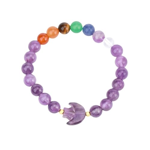 Naturstein-Stretch-Perlenarmband Unisex, 8mm, Schwarzer Obsidian, Labradorit, Verstellbares Paararmband mit Stern-Mond-Charm, Modischer Yoga-Chakra-Armreif, Lila, 8mm von KNDSSMY